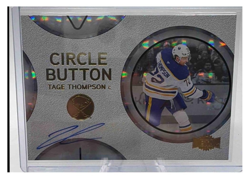 2025-26 SkyBox Metal Universe Circle Button Auto Tage Thompson #CB-2 card