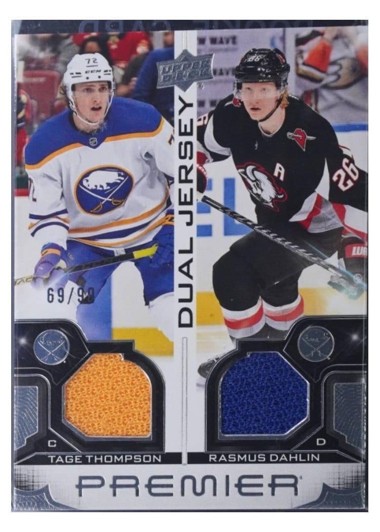 2022-23 Upper Deck Premier Premier Dual Jersey Tage Thompson/Rasmus Dahlin #PD-TTRD card