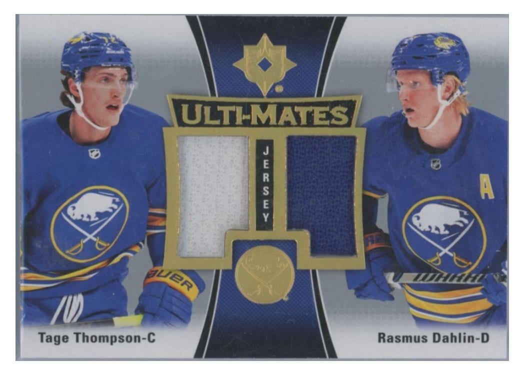 2022-23 Upper Deck Ultimate Collection Ulti-Mates Jersey Tage Thompson/Rasmus Dahlin #UTM-TD card