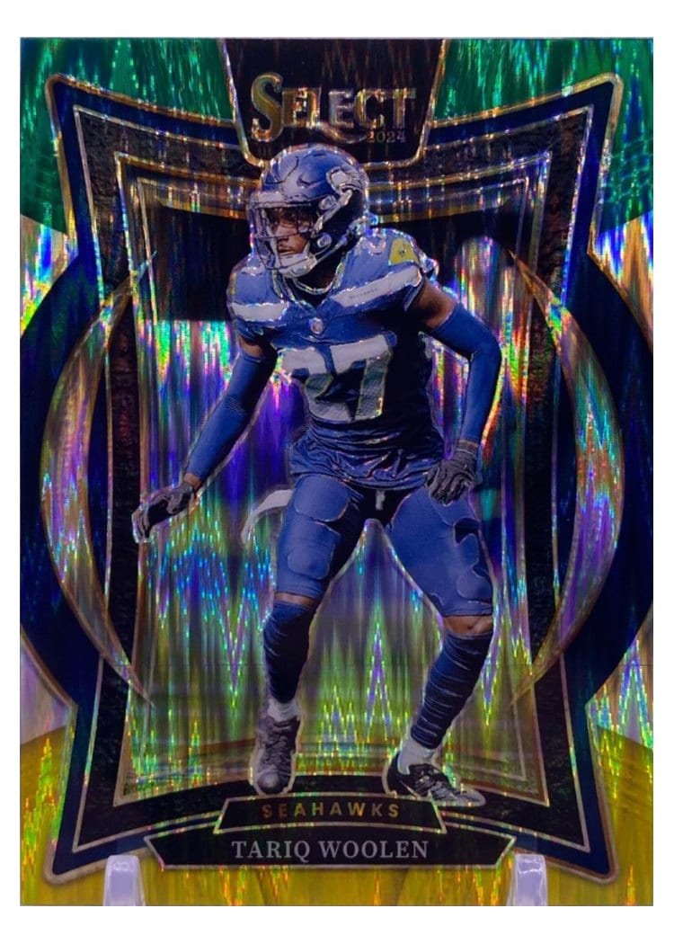 2024 Panini Select Base Set Tariq Woolen Green Yellow Prizm Shock #95 card