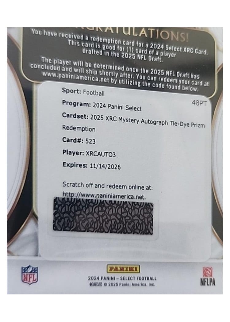 2024 Panini Select 2025 XRC Mystery Autograph Prizm Redemption Tetairoa McMillan #523 card