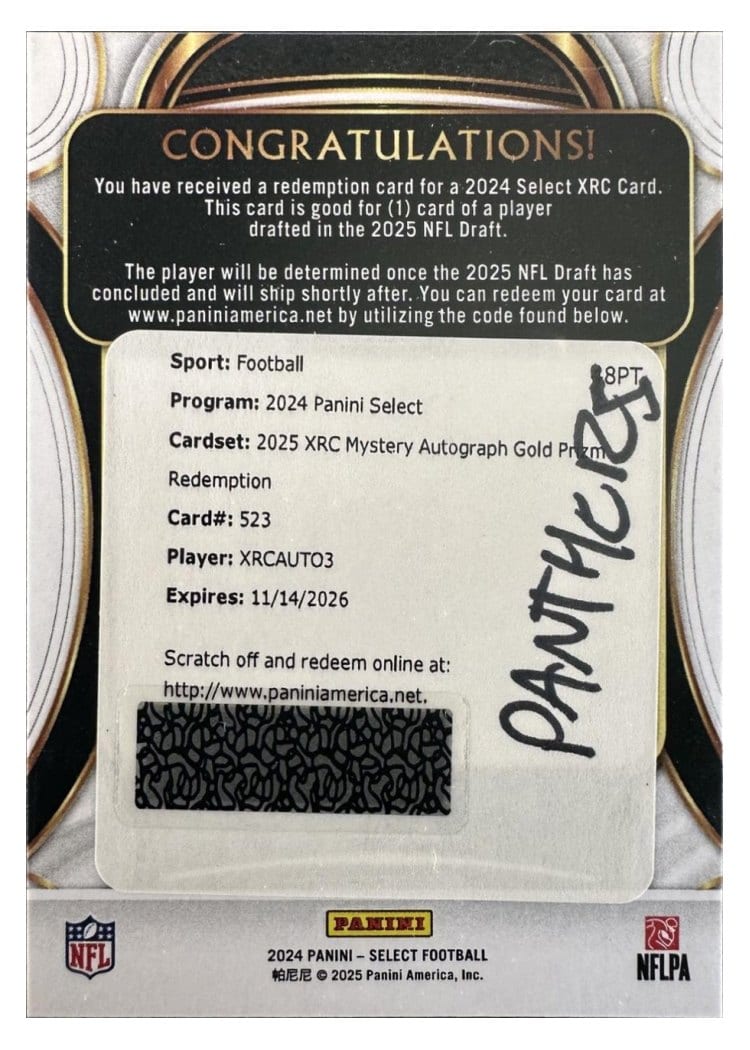2024 Panini Select 2025 XRC Mystery Autograph Prizm Redemption Tetairoa McMillan #523 card