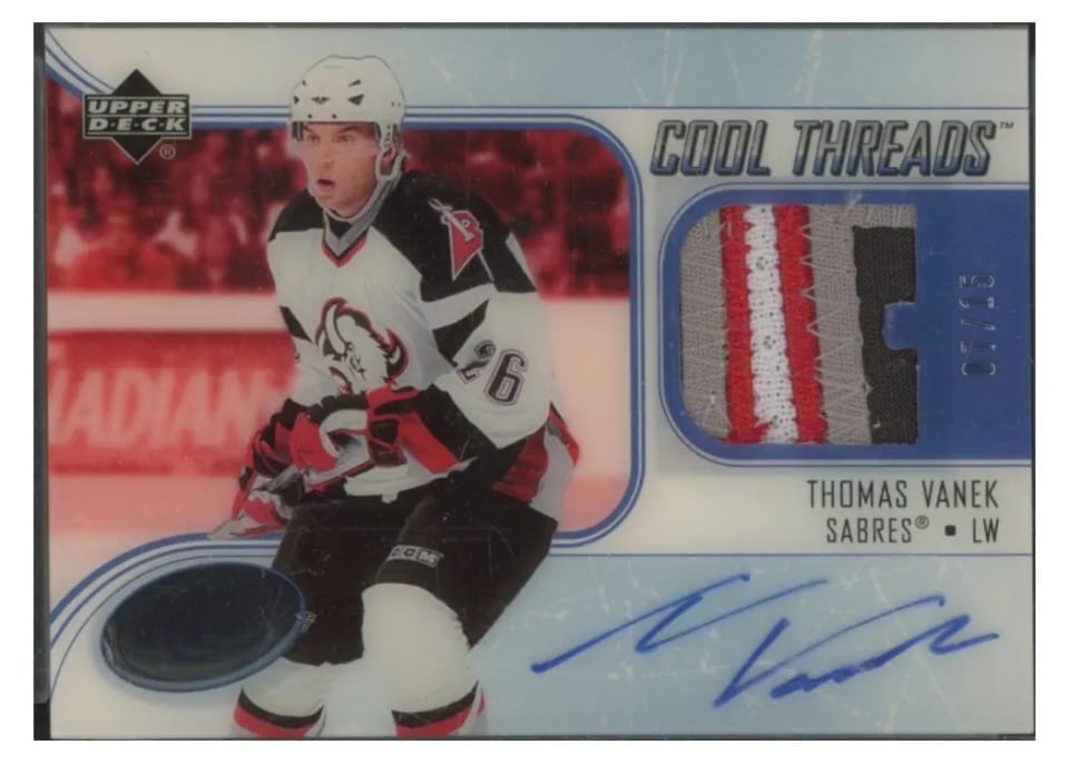 2005 Upper Deck Ice Cool Threads Patch Autograph Thomas Vanek #CAP-TV card