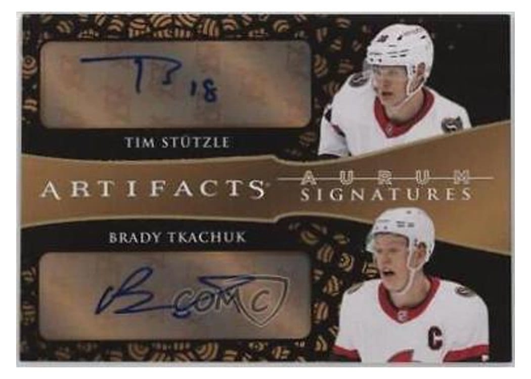 2023-24 Upper Deck Artifacts Aurum Bounty Dual Autograph Tim Stutzle/Brady Tkachuk #ABD-ST card