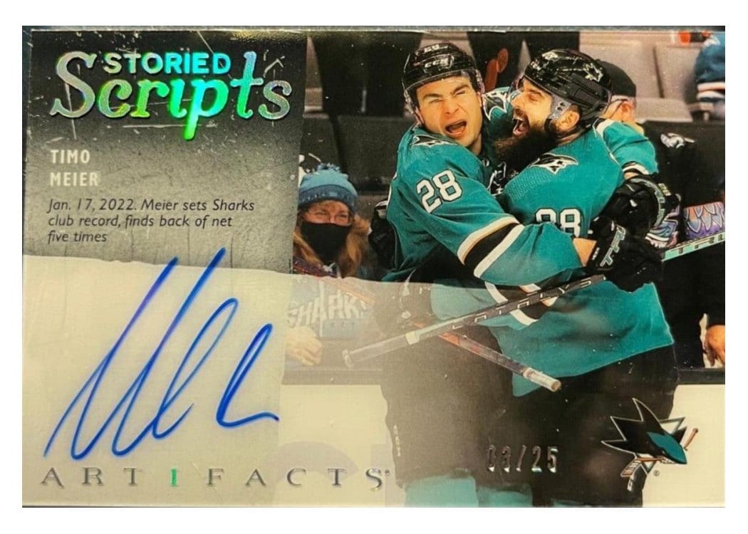 2023-24 Upper Deck Artifacts Storied Scripts Timo Meier #SS-TM card