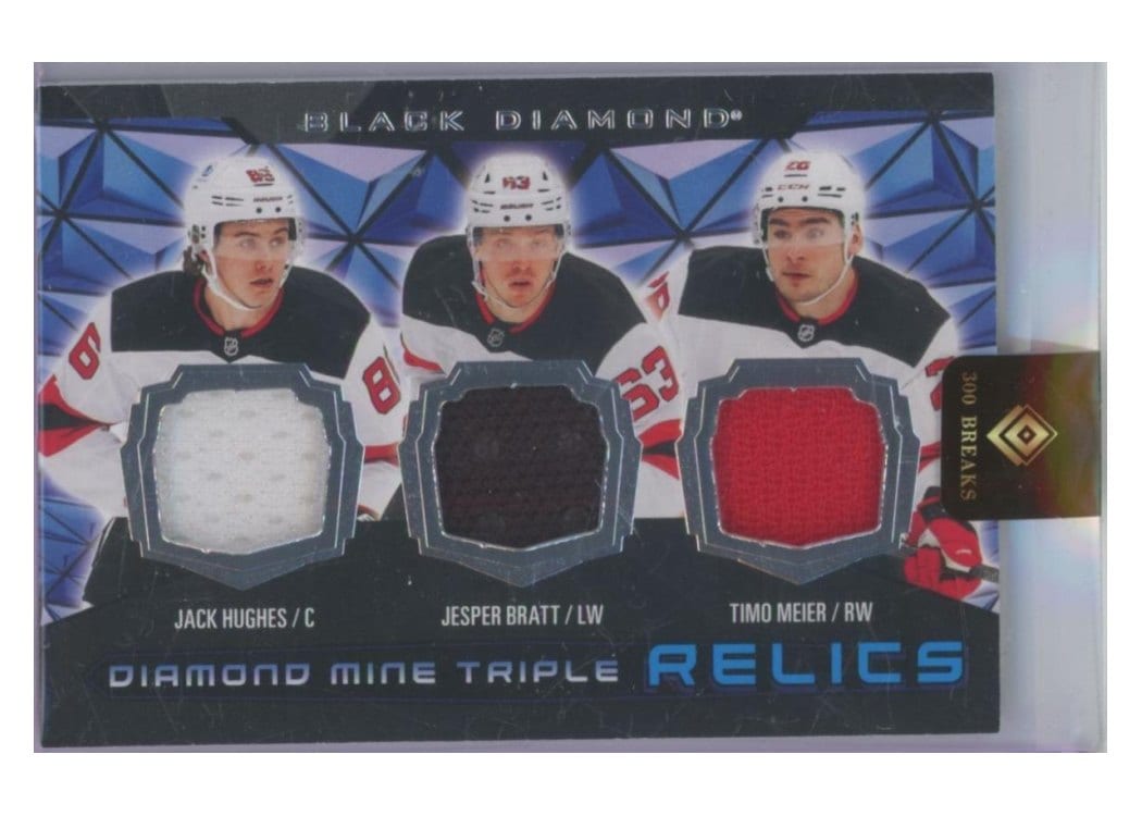 2025-26 Upper Deck Black Diamond Diamond Mine Triple Relics Timo Meier/Jack Hughes/Jesper Bratt #DMTR-HBM card