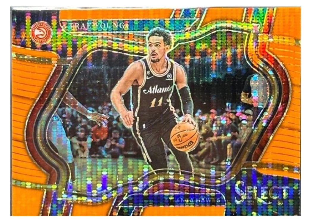 2022-23 Panini Select Base Set Trae Young Neon Orange Pulsar Prizm #166 card