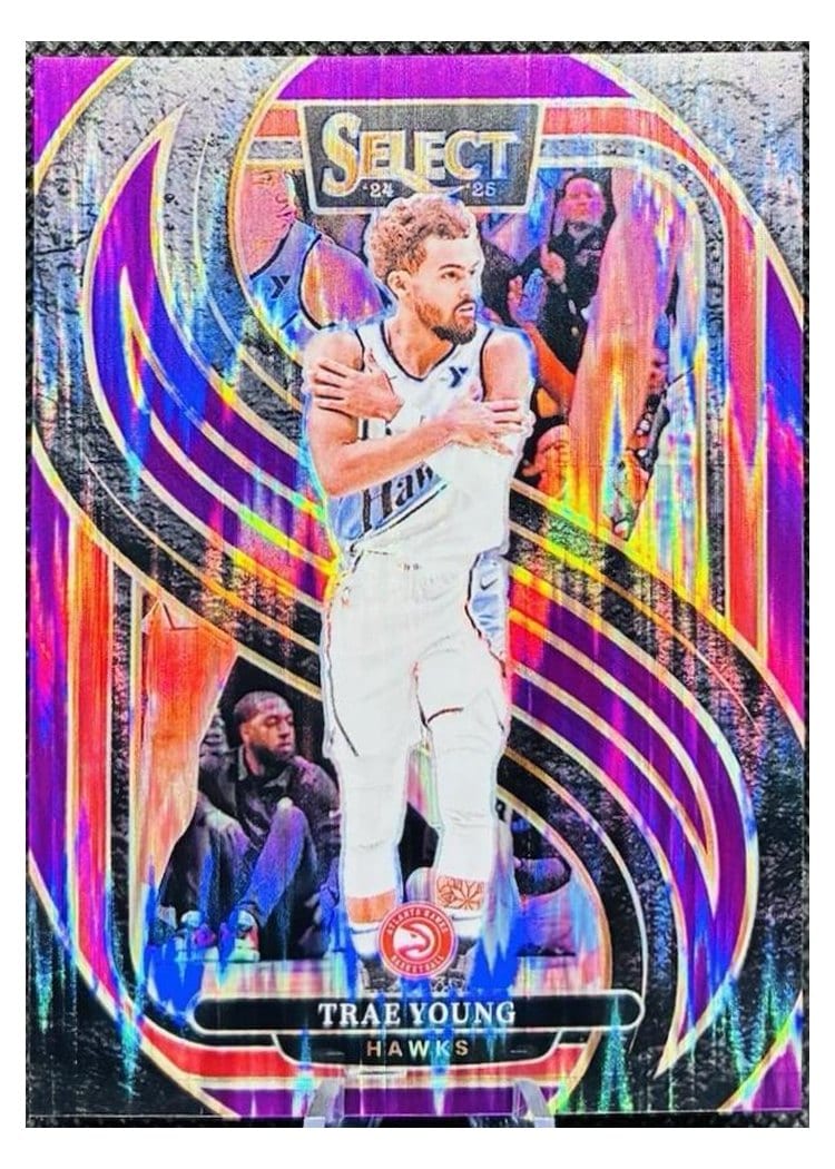 2024-25 Panini Select Base Set Trae Young Purple Flash Prizm #123 card