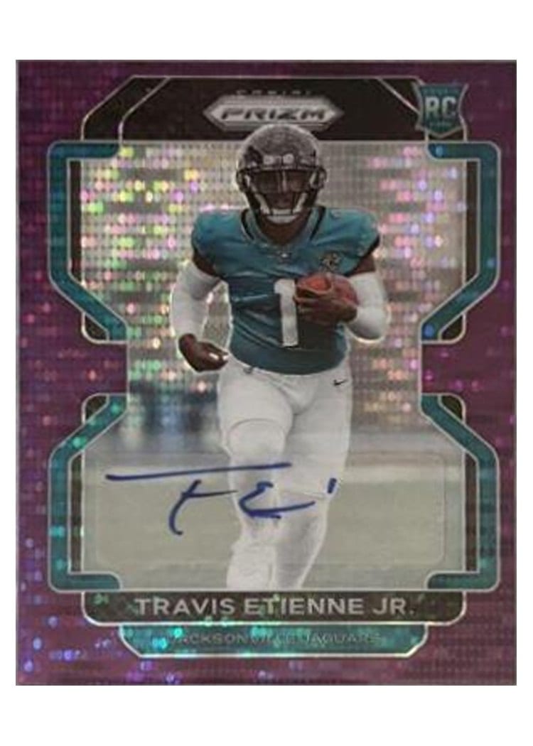 2021 Panini Prizm Base Set Travis Etienne Jr. Autograph Purple Pulsar Prizm #344 card