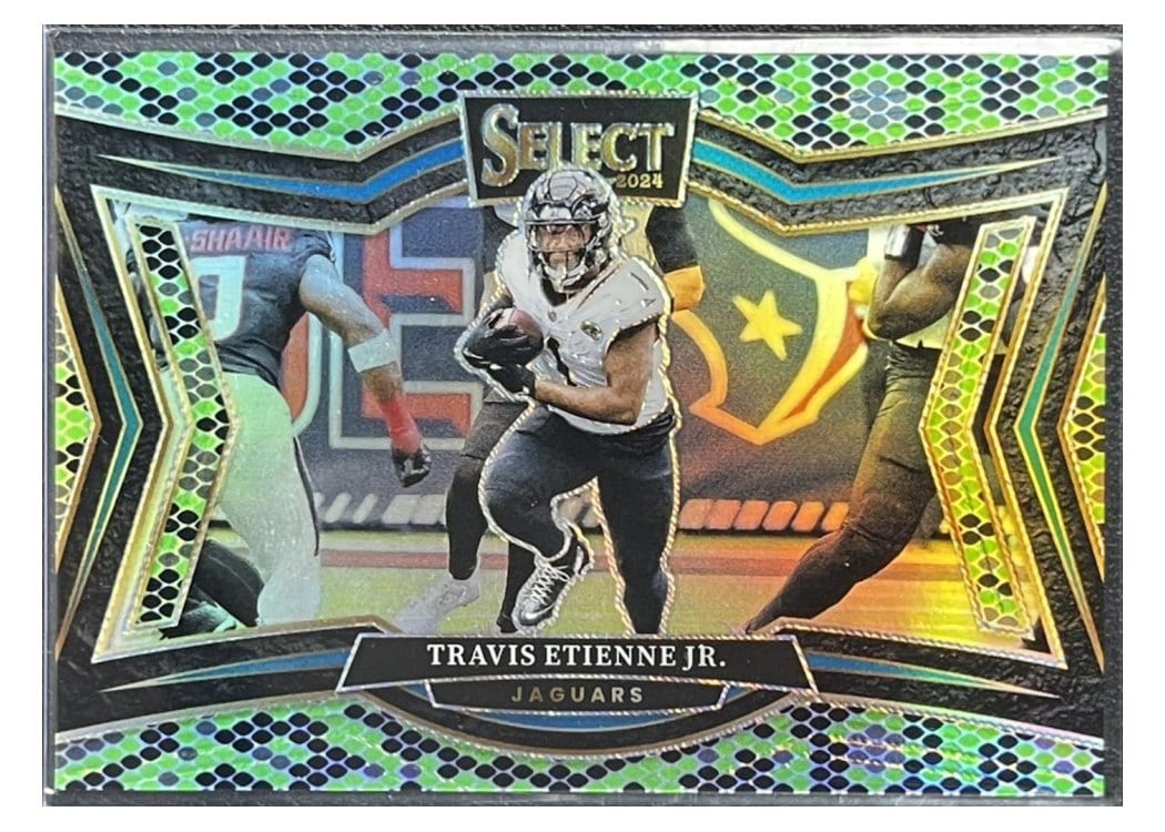 2024 Panini Select Base Set Travis Etienne Jr. Green Black Snakeskin Prizm #496 card