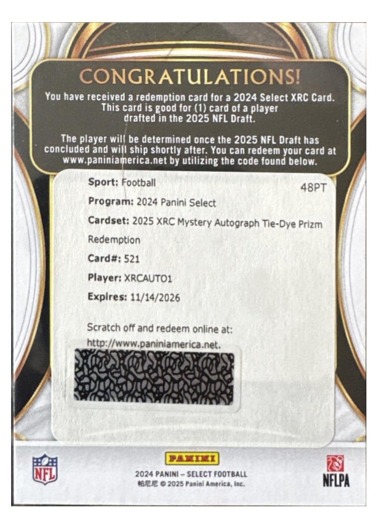 2024 Panini Select 2025 XRC Mystery Autograph Prizm Redemption Travis Hunter Tie-Dye Prizm XRC Mystery Autograph Prizm Redemption #521 card