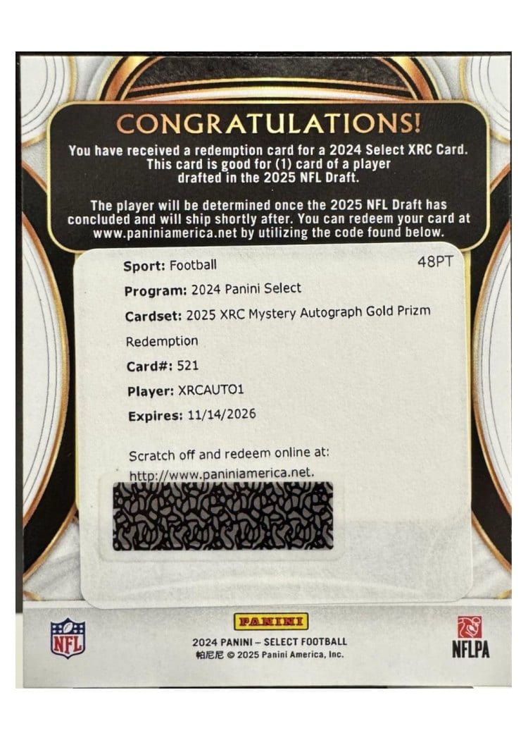 2024 Panini Select 2025 XRC Mystery Autograph Prizm Redemption Travis Hunter #521 card