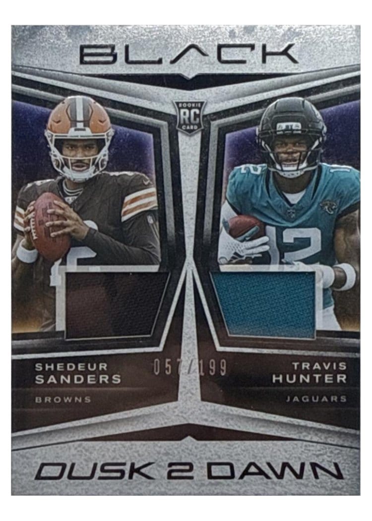 2025 Panini Black Dusk 2 Dawn Dual Relics Travis Hunter/Shedeur Sanders #1 card