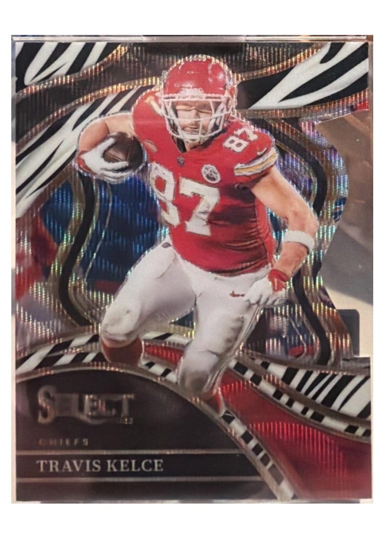 2023 Panini Select Base Set Travis Kelce Zebra Prizm #215 card