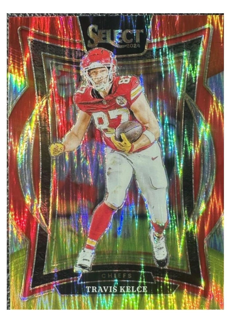 2024 Panini Select Base Set Travis Kelce Red Yellow Prizm Shock #97 card