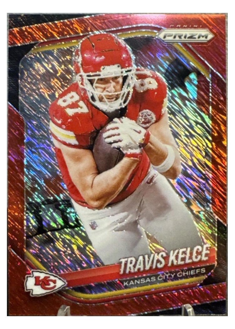 2025 Panini Prizm Base Set Travis Kelce Red Shimmer #67 card
