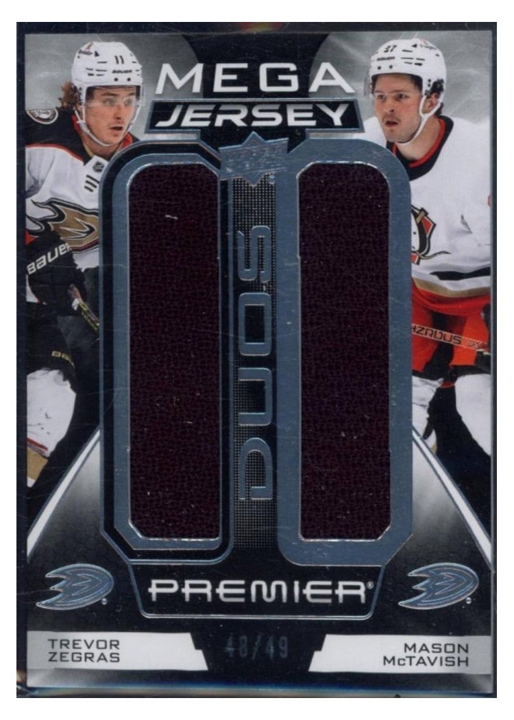 2022-23 Upper Deck Premier Premier Mega Jersey Duos Trevor Zegras/Mason McTavish #PM2-ZM card
