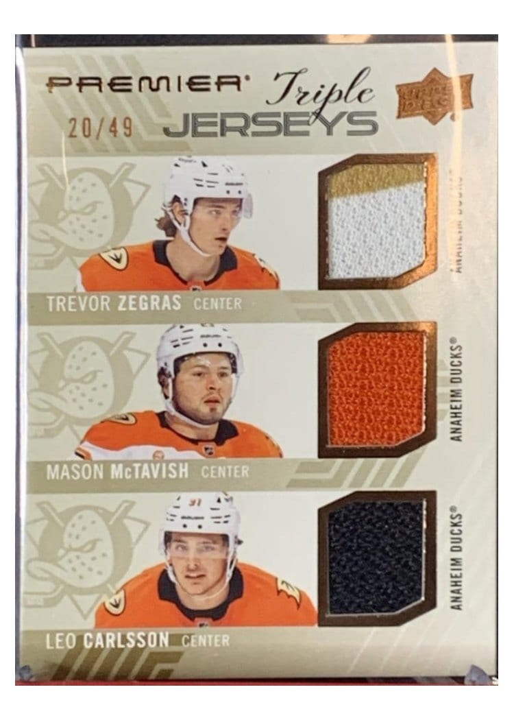 2024-25 Upper Deck Premier Premier Triple Jersey Trevor Zegras/Mason McTavish/Leo Carlsson #PT-ZMC card