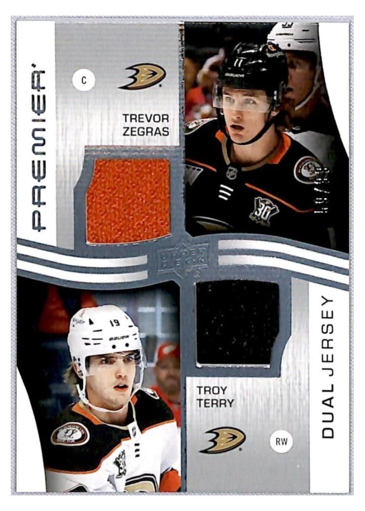 2023-24 Upper Deck Premier Premier Dual Jerseys Trevor Zegras/Troy Terry #PD-TZTT card