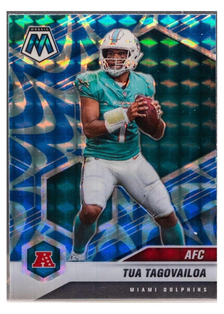 2021 Panini Mosaic Base Set Tua Tagovailoa Blue Fluorescent #228 card