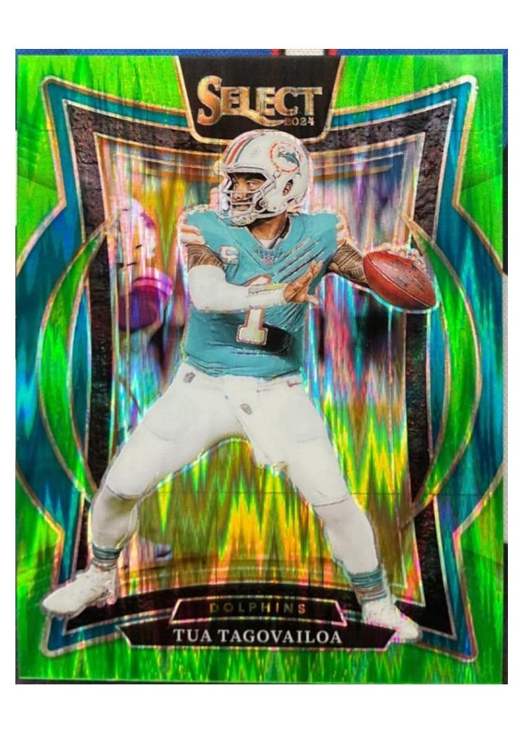 2024 Panini Select Base Set Tua Tagovailoa Neon Green Prizm Shock #99 card