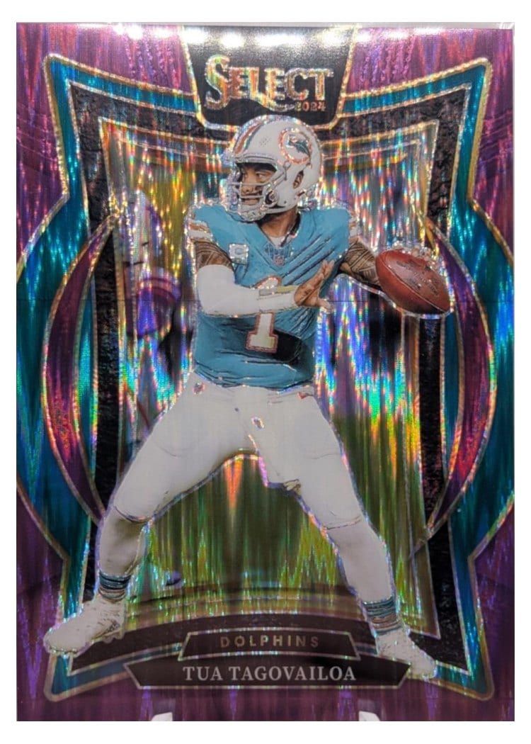 2024 Panini Select Base Set Tua Tagovailoa Purple Prizm Shock #99 card