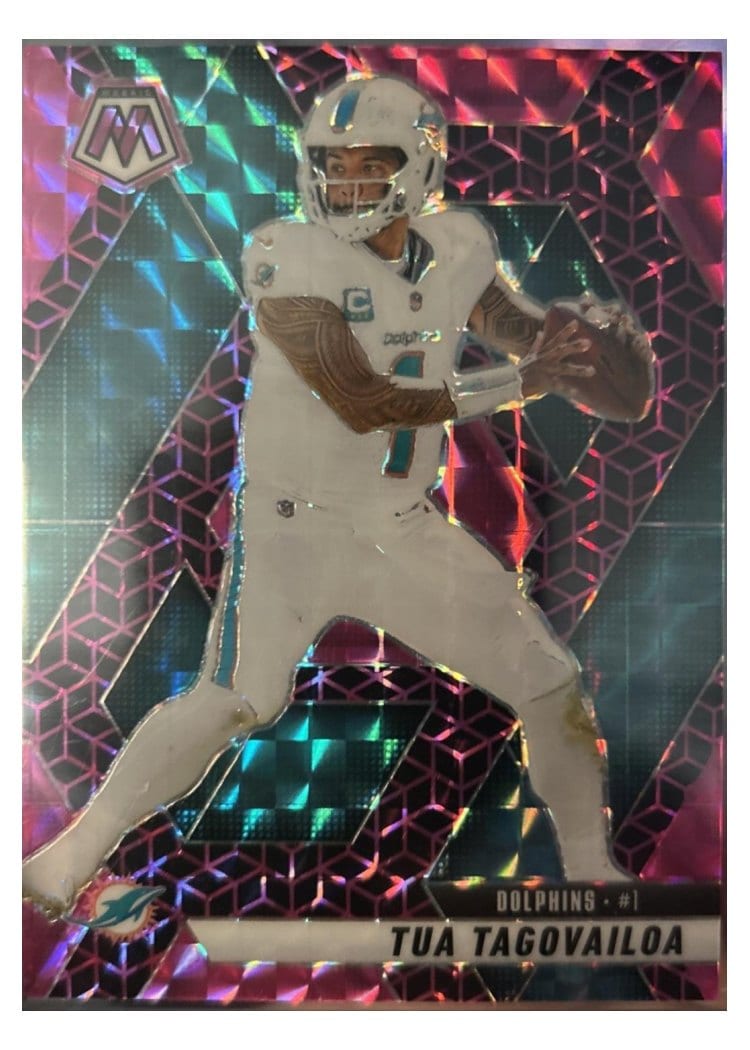 2025 Panini Mosaic Base Set Tua Tagovailoa Pink Spectris #159 card