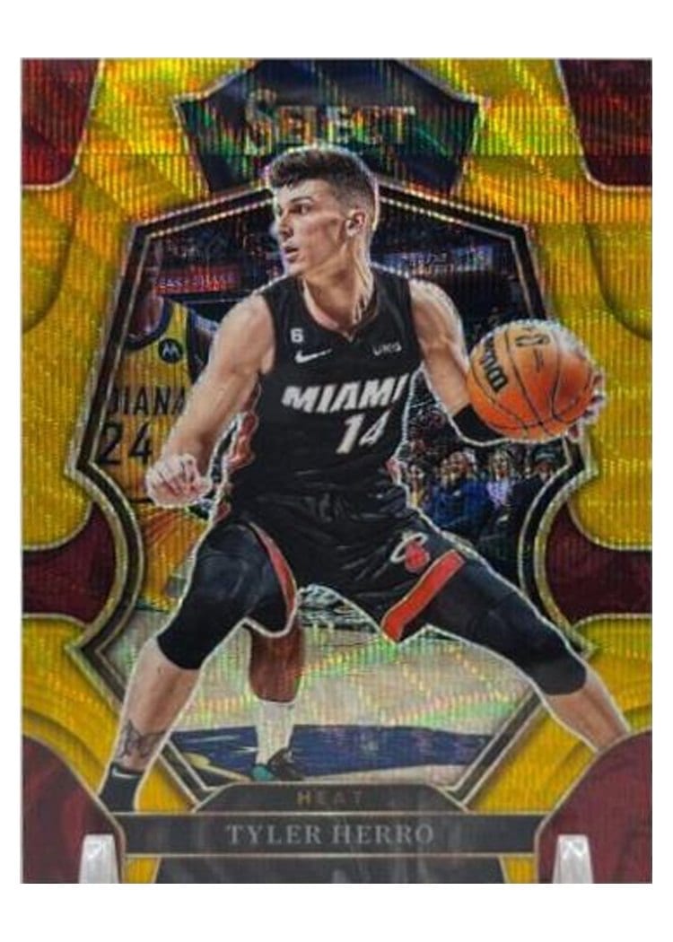 2022-23 Panini Select Base Set Tyler Herro Gold Wave Prizm #143 card