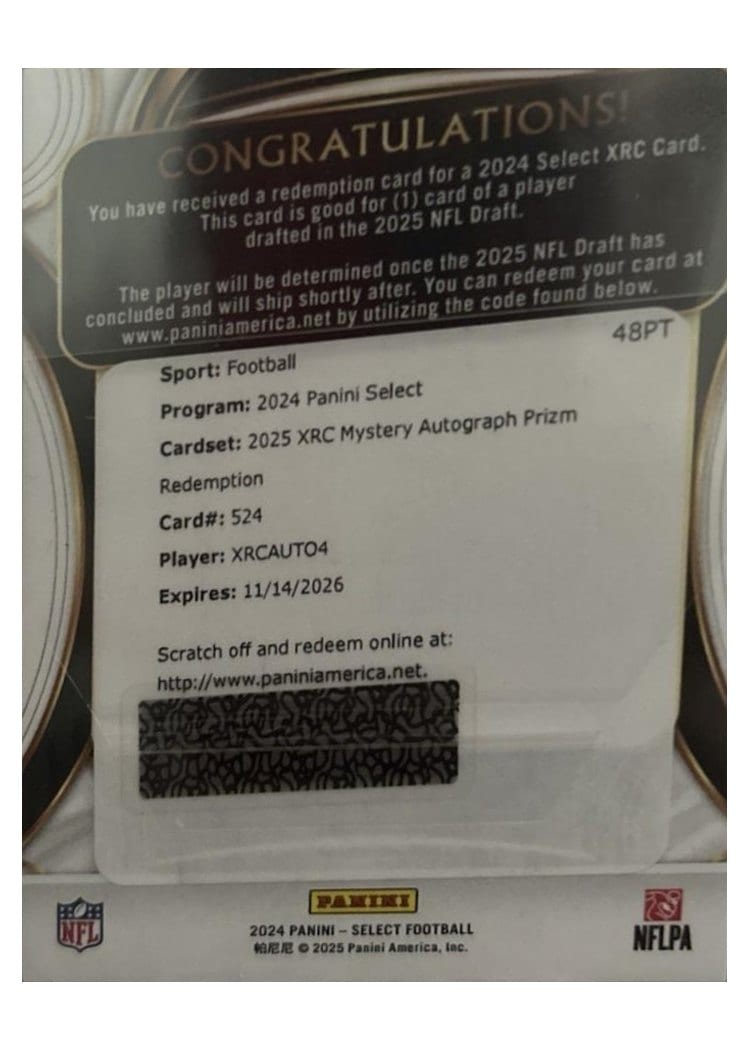 2024 Panini Select 2025 XRC Mystery Autograph Prizm Redemption Tyler Shough #524 card