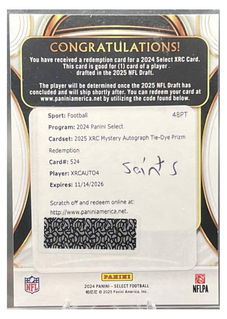 2024 Panini Select 2025 XRC Mystery Autograph Prizm Redemption Tyler Shough #524 card
