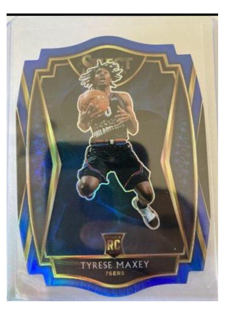 2020-21 Panini Select Base Set Tyrese Maxey Blue Prizm Die Cut #174 card