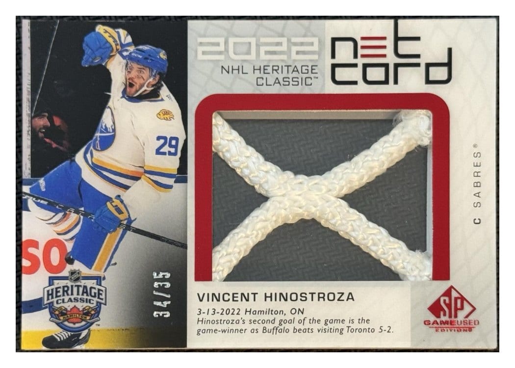 2022-23 SP Game Used 2022 NHL Heritage Classic Net Cord Relics Vincent Hinostroza #HCN-VH card