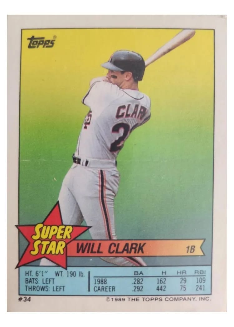 1989 Topps Stickercards Blank Back Will Clark #34 card