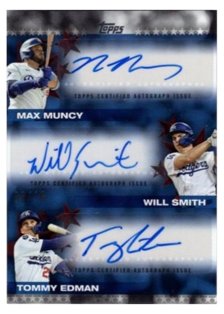 2025 Topps Baseball Stars Triple Autographs Series Two Will Smith / Max Muncy / Tommy Edman #BST2-MSE card