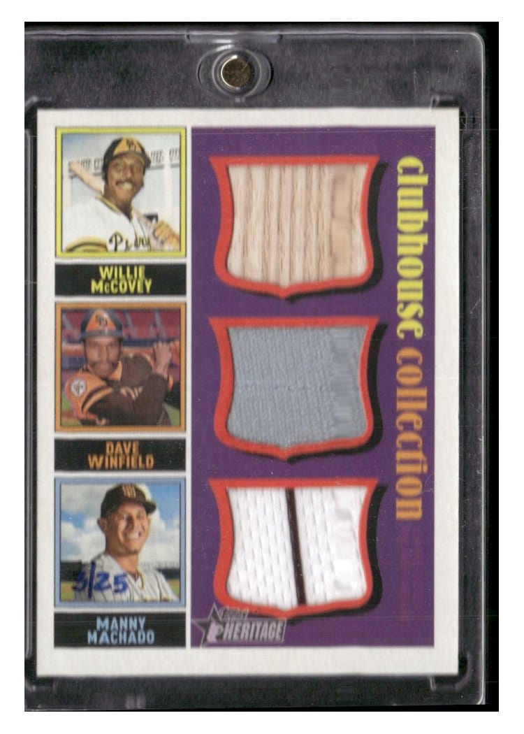 2025 Topps Heritage Clubhouse Collection Triple Player Relics Willie McCovey / Dave Winfield / Manny Machado #CCTR-MWM card