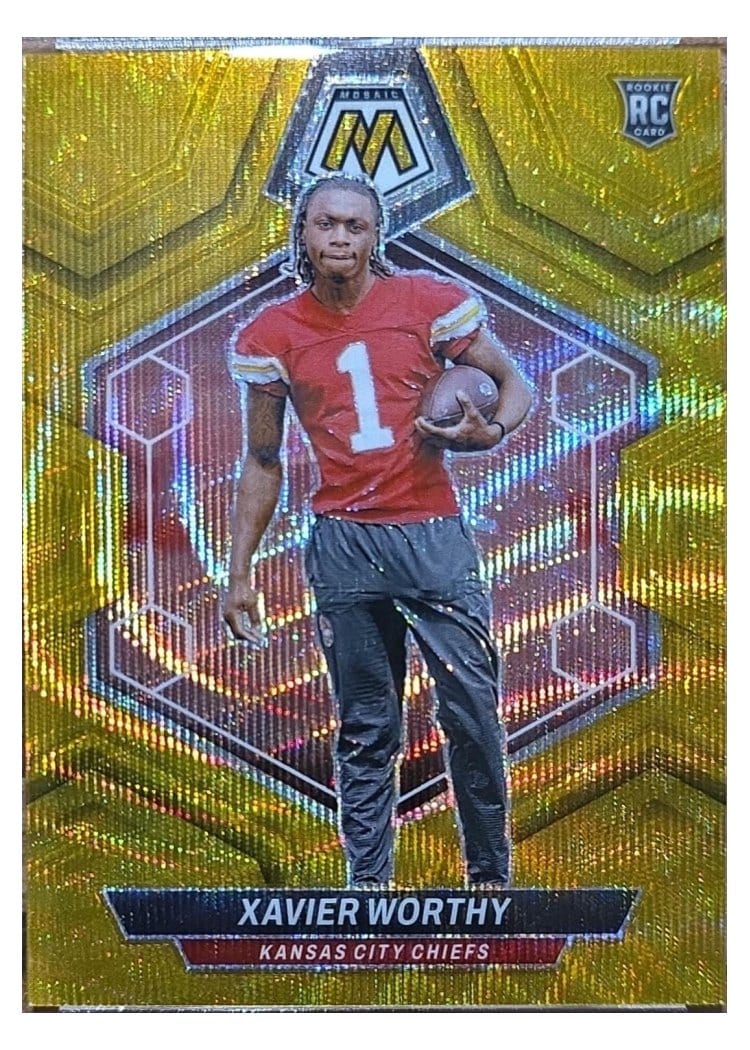 2024 Panini Mosaic Base Set Xavier Worthy Gold Wave #328 card