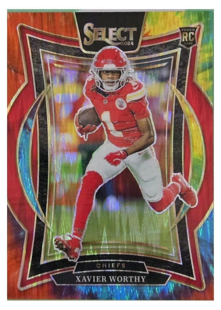 2024 Panini Select Base Set Xavier Worthy Tie-Dye Prizm Shock #32 card