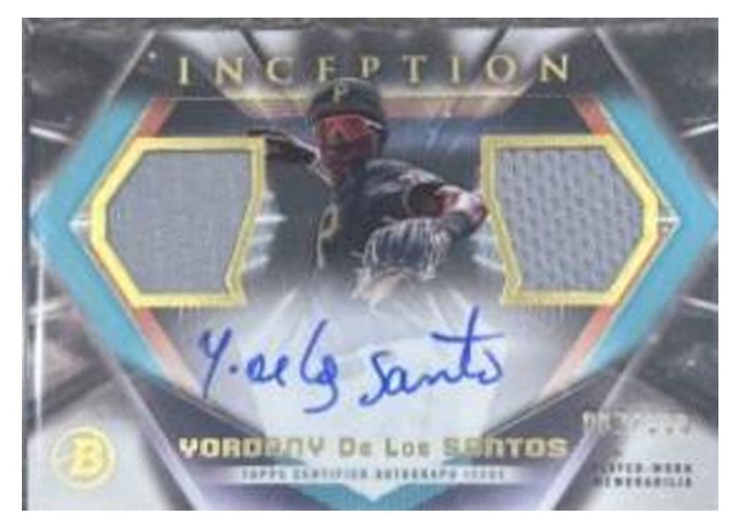 2023 Bowman Inception Autographed Dual Relics Yordany De Los Santos #IADR-YD card