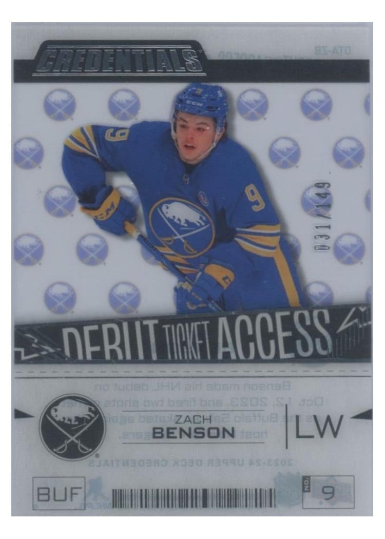 2023-24 Upper Deck Credentials Acetate Debut Ticket Access Zach Benson #DTA-ZB card