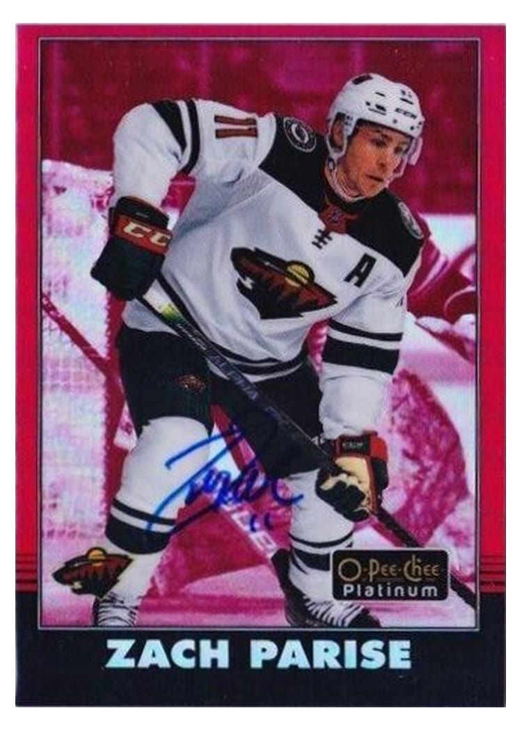 Zach Parise 2021-22 O-Pee-Chee Platinum 2020-21 Update Retro Red Rainbow Auto card