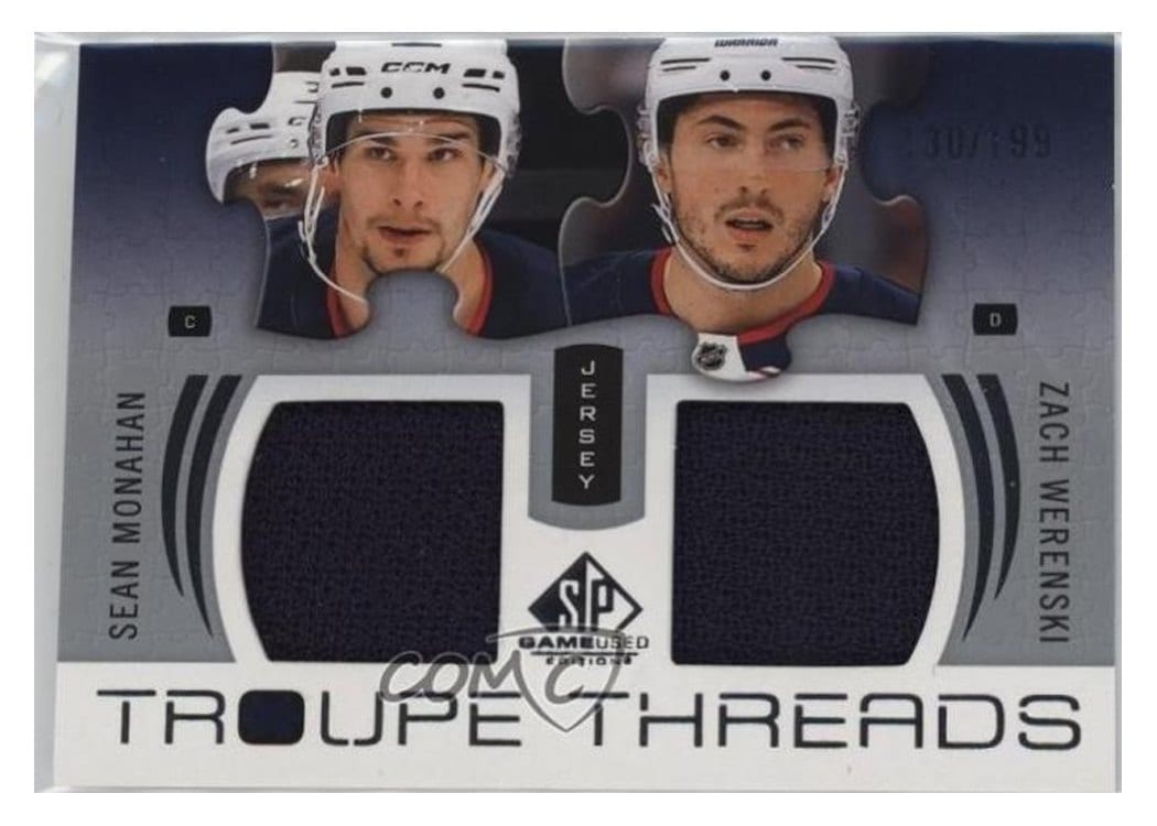 2025-26 SP Game Used Troupe Threads Zach Werenski/Sean Monahan #TT-MW card
