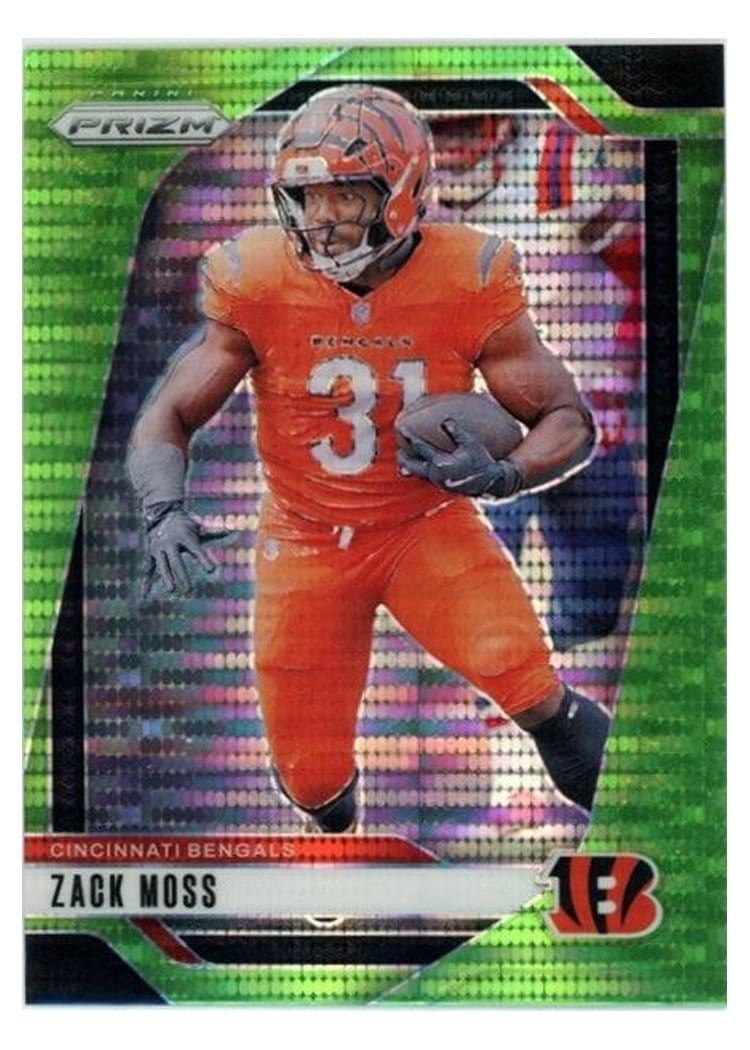 2024 Panini Prizm Base Set Zack Moss Neon Green Pulsar #56 card