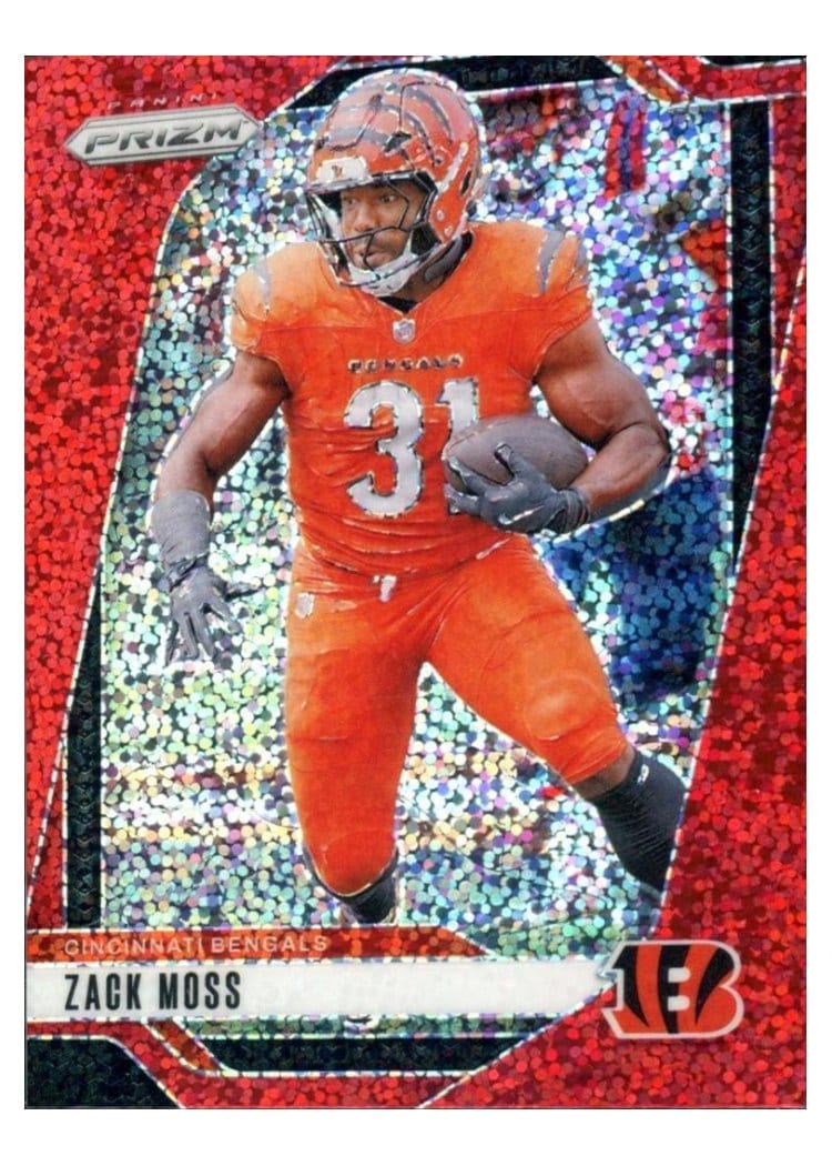 2024 Panini Prizm Base Set Zack Moss Red Sparkle #56 card