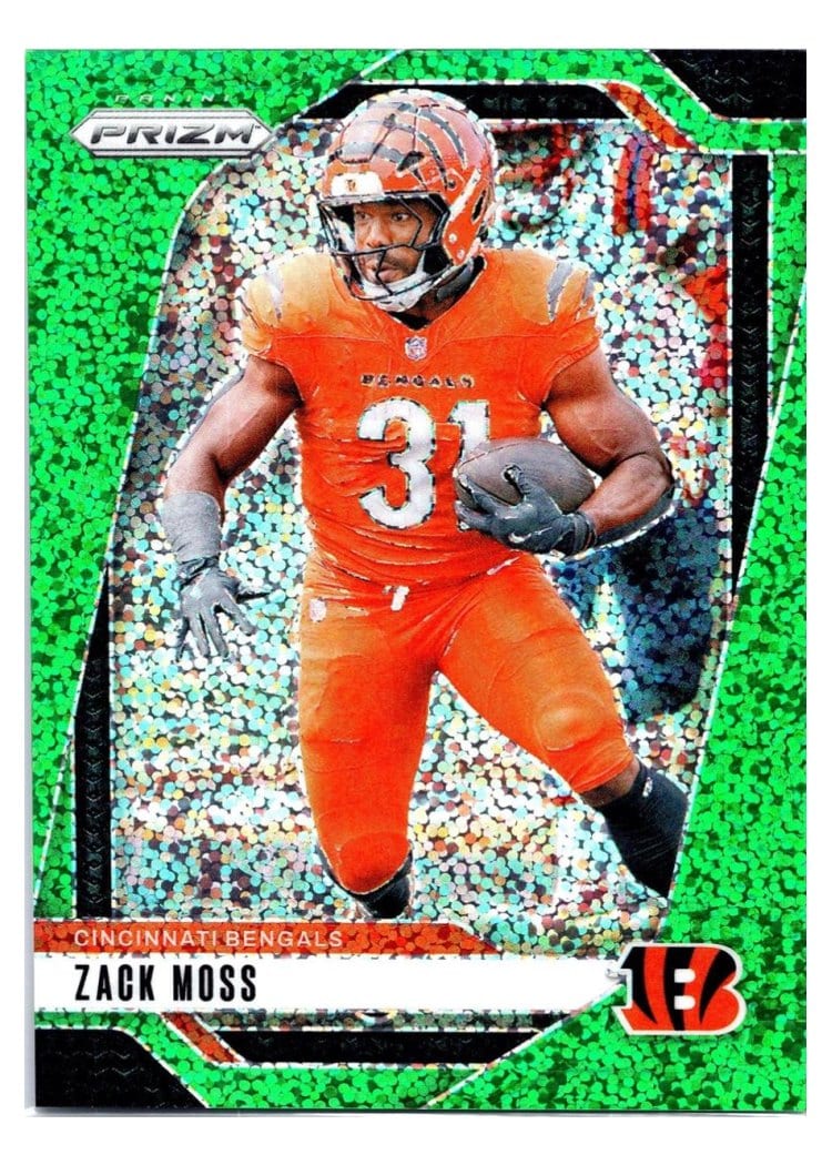 2024 Panini Prizm Base Set Zack Moss Green Sparkle #56 card