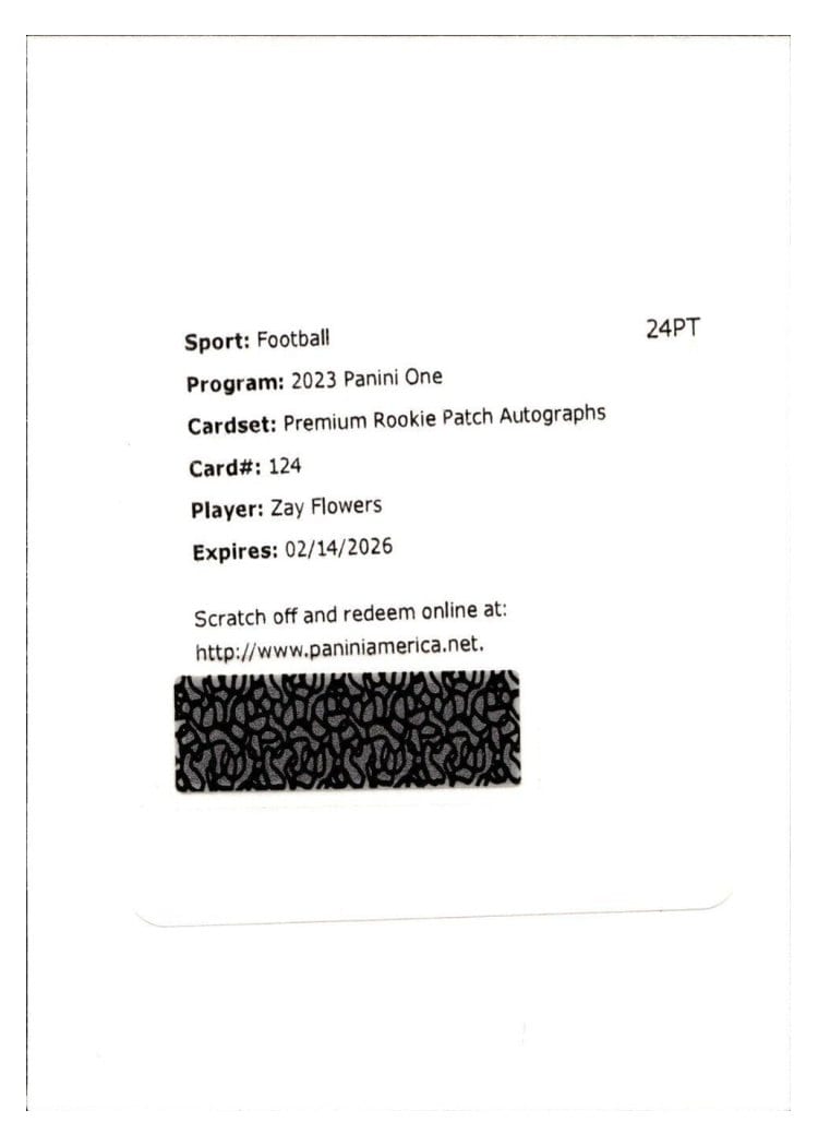 2023 Panini One Premium Rookie Patch Autographs Zay Flowers #124 card