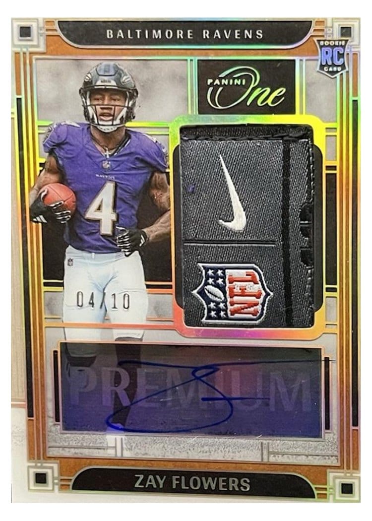 2023 Panini One Premium Rookie Patch Autographs Zay Flowers #124 card