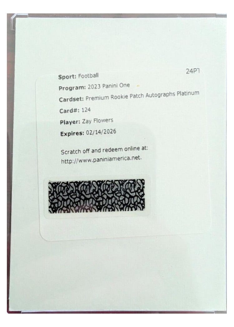 2023 Panini One Premium Rookie Patch Autographs Zay Flowers #124 card